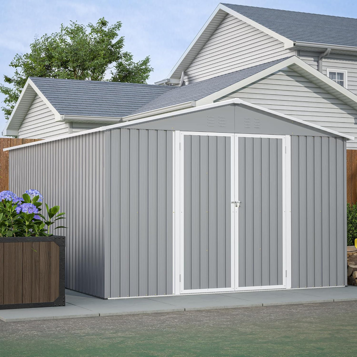 Metal Shed10x12 ft Outdoor Storage Shed,Metal Steel Utility Tool Shed Storage House with Double Lockable Doors and Air Vent for Backyard Garden Patio Lawn Gray