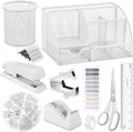 11 in 1 Desk Organizers and Accessories - White Office Supplies - Includes White Stapler, Tape Dispenser, Pen Holder, Staple Remover, Clips, Ruler, Scissors, Tapes, Tabs