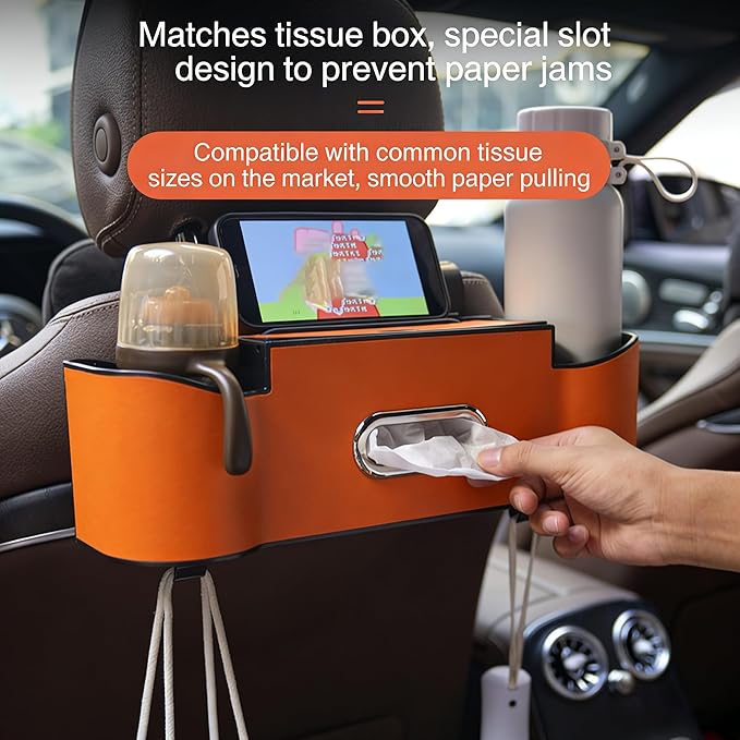 5-in-1 Car Backseat Organizer, 2026 Multifunctional Seat Back Storage Box with Cup Holder, Tissue Box, Phone Holder and 2 Hooks, Premium Leather Car Organizer for Tidy Car (Black-1pc)