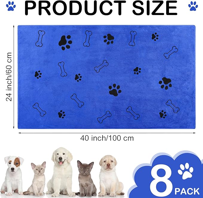 Chumia 8 Pcs Dog Towels for Drying Dogs Cats Pet Towels Bulk Puppy Microfiber Quick Drying Paw Bath Bathing Supplies Absorbent for Medium Pets(Dark Blue,40 x 24 Inch)