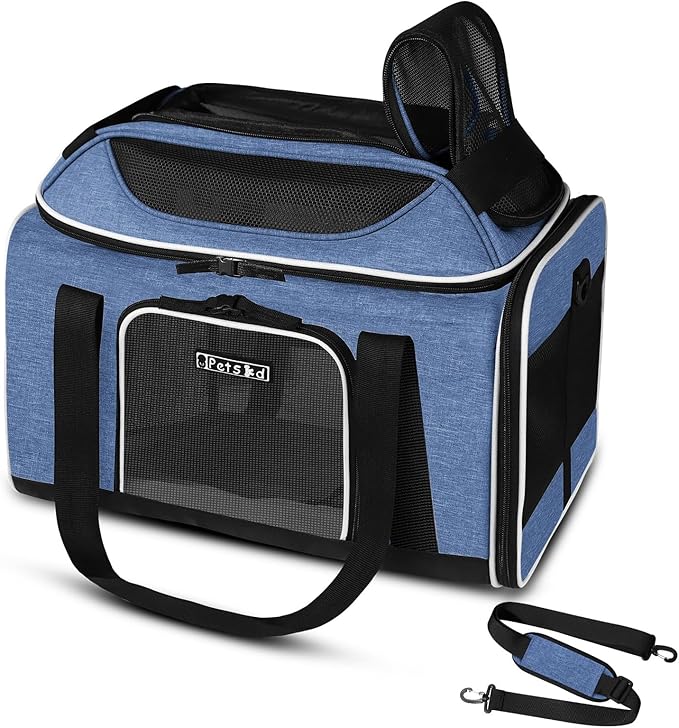 Petskd Top-Expandable Pet Carrier 18x13x9.5 Inches Southwest Airline Approved, Soft-Sided Carrier for Small Cats and Dogs with Locking Safety Zippers and Anti-Scratch Mesh(Blue)