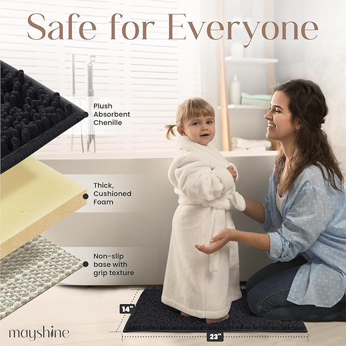 MAYSHINE Plush Shaggy Chenille Bath Mat | Extra Soft, Super Absorbent, Non-Slip Bathroom Rug | Fluffy Microfiber, Area Rug Sets for Bathroom Floor, Kitchen, Living Room | 23"x14" | Black