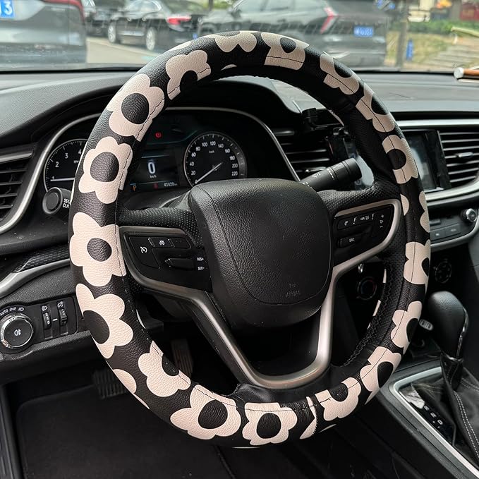 Vintage Groovy Flowers Car Leather Steering Wheel Cover - 15-inch Universal Microfiber- Soft & Breathable & Silicone Anti Slip Auto Steering Wheel Wrap for Women (Black)