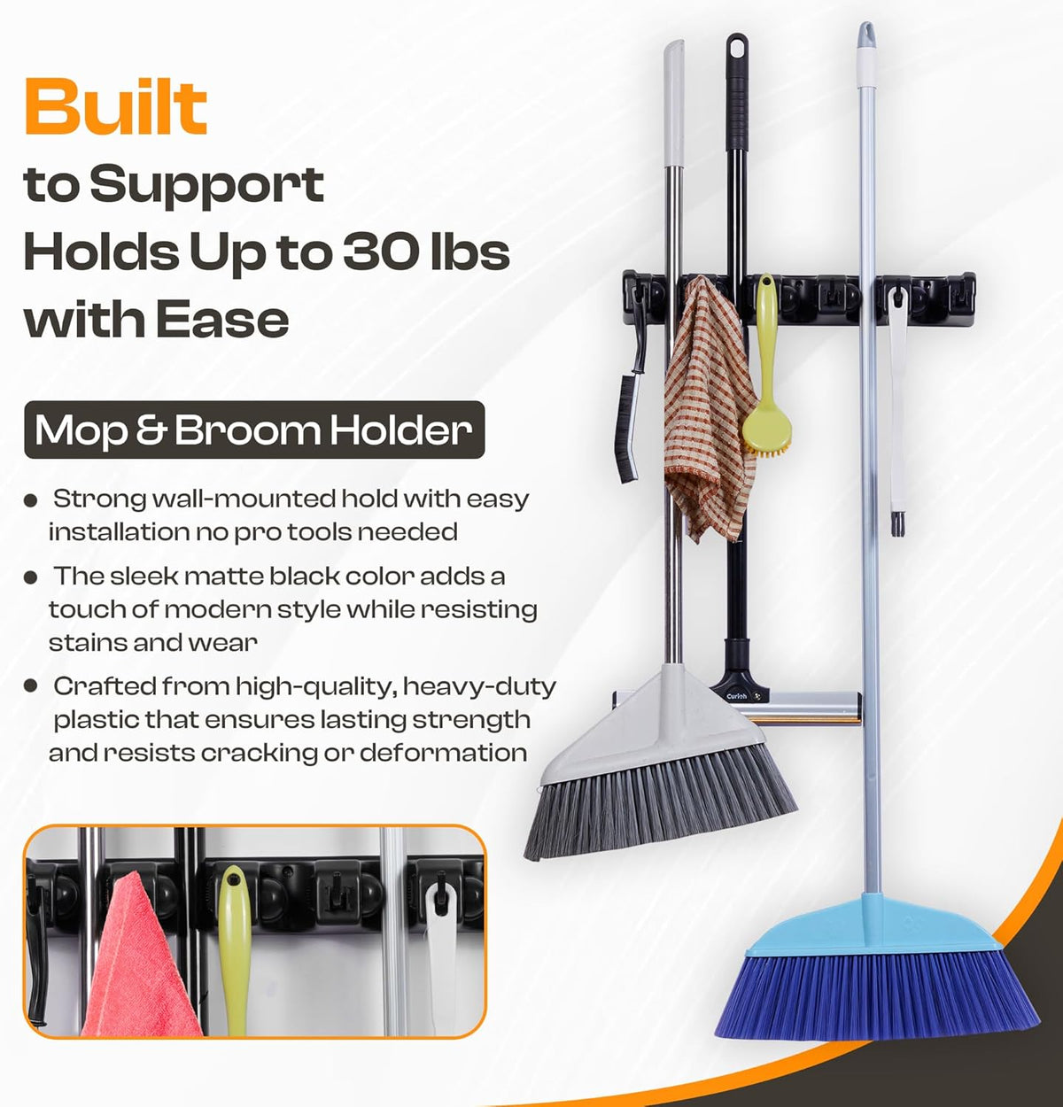 Heavy Duty ABS Plastic Broom Holder with 5 Slots and 6 Hooks | Wall Mount Mop and Broom Hanger | Waterproof Broom Organizer with Screws| Wall Mount Tool Organizer for Garage Storage