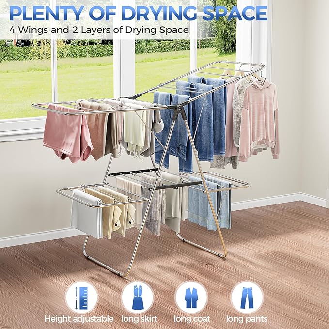 APEXCHASER Clothes Drying Rack, Foldable 2-Level Drying Rack Clothing,