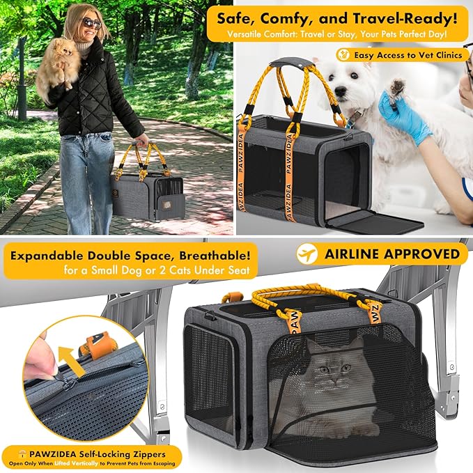 PAWZIDEA Expandable Pet Carrier Airline Approved, 18×11×11 Inches Small Dog Carriers, Collapsible Top-Load Cat Carrier for 2 Cats Under Seat, Soft-Sided Puppy & Animal Travel Bag, ID Card, Up to 15lbs