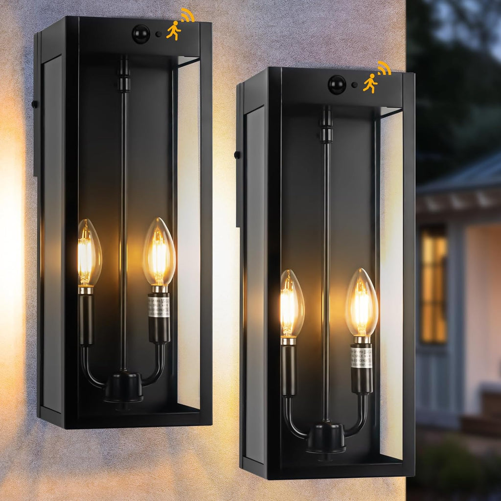 Black Motion Sensor Outdoor Lights 2-Light, 16” Modern Dusk to Dawn Sensor Lights for Outside 2 Pack, Exterior Wall Mount Porch Lanterns Waterproof Outside House Lamps for Garage Yard E12