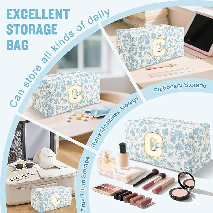 Personalized Quilted Cosmetic Bag, Puffy Monogrammed Christmas Birthday Gifts for Women & Girls, Cute initial Floral Makeup Bag Puffer Coquette Bag, Aesthetic Travel Toiletry Zipper Pouch(Blue,C)