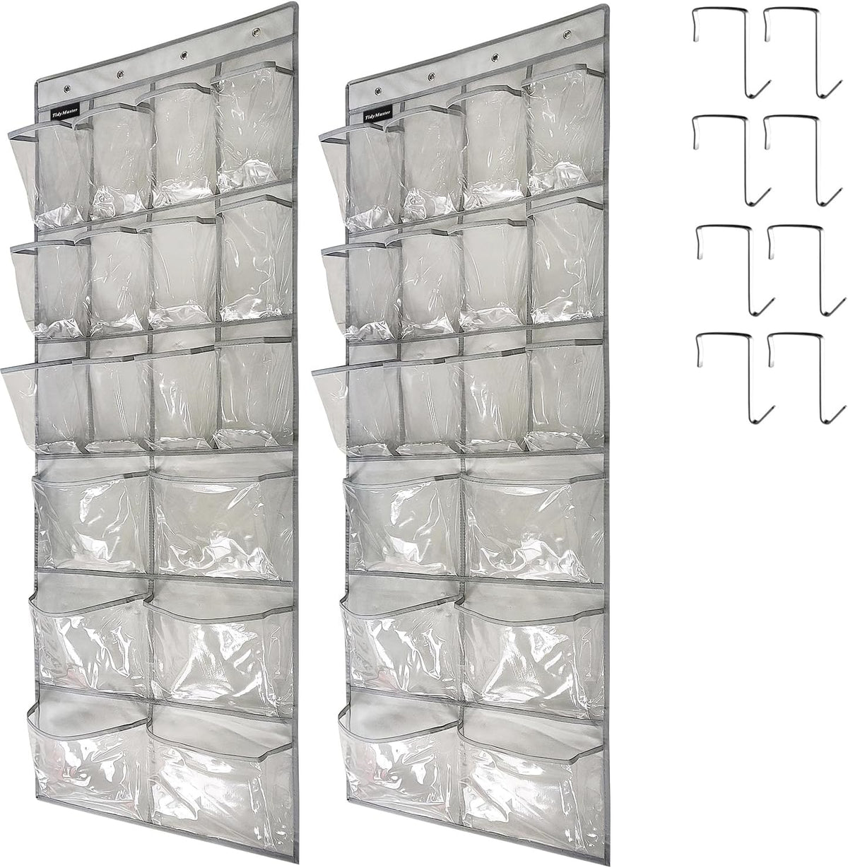 2 Pack Extra Large Hanging Crystal Clear Over Door Shoe Organizers, Closet Shoe Rack Organizer, 12+6 Pockets, 8 Hooks, Grey (59" x 21.6")