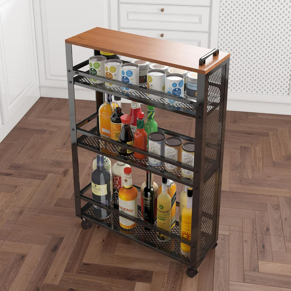 2025 New, Slim Kitchen Storage Cart, 3-Tier Metal Rolling Utility Cart Mesh Basket, Multifunction Wire Basket Shelf Trolley for Home Laundry, Bathroom, Living Room, Black