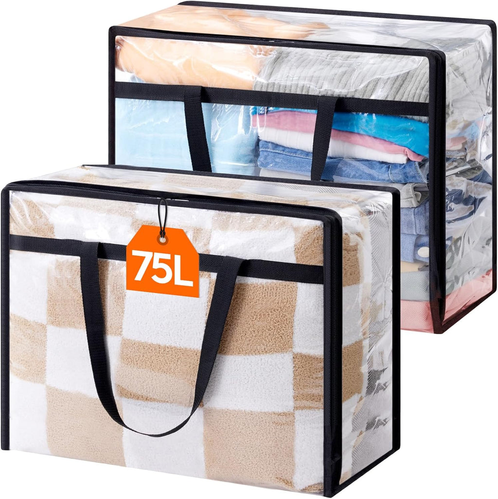 Lifewit 2 Pack Clear Clothes Storage Bags, 75L Large Plastic Blanket Storage, Vinyl Foldable Moving Bags with Zipper, Closet Organizers Containers for Comforter, Bedding, Duvet, Pillow