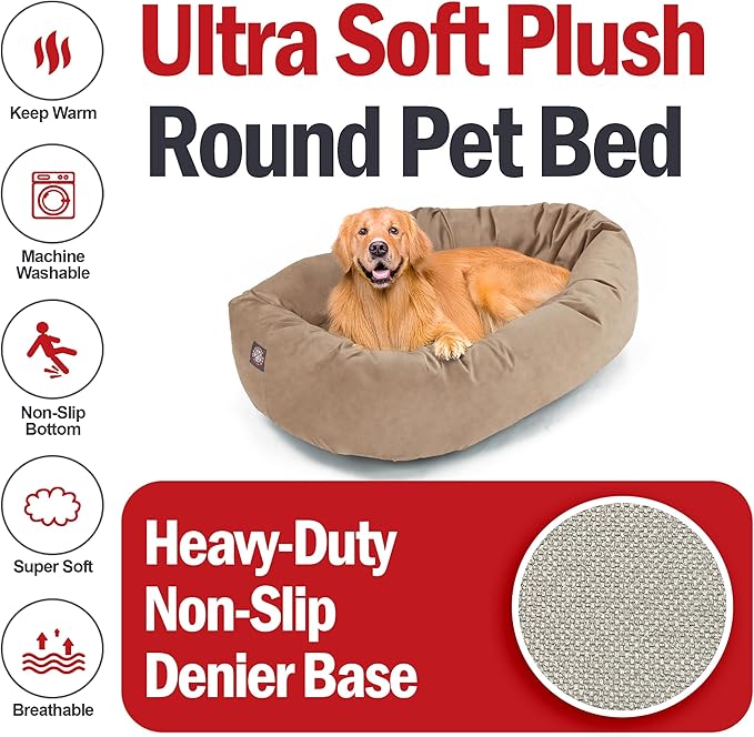 Majestic Pet 40 Inch Suede Calming Dog Bed Washable 40x29x9 (Inch) – Cozy Soft Round Donut Dog Bed with Spine Support for Dogs to Rest Their Head - Pet Bed Large – Stone (2025)