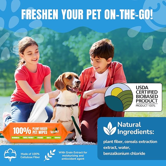PET N PET 100% Plant Based Dog Wipes for Paws and Butt, 400 Counts Hypoallergenic Unscented Dog Pet Wipes, 8" x 8"