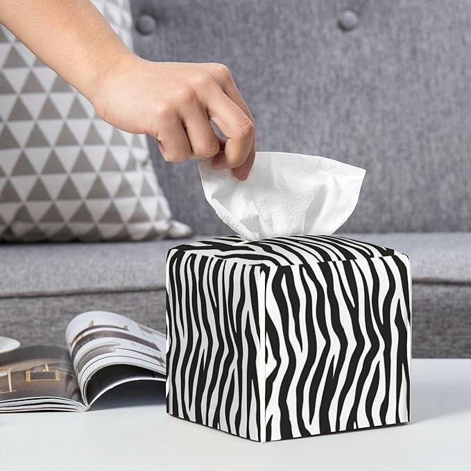 Zebra Stripes Tissue Box Cover Square,Black and White Stripe Tissue Box Holder Waterproof Leather Facial Paper Organizer Dispenser for Bathroom Home Car Nightstand Vanity Desk