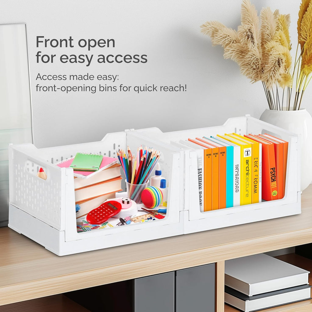 TidyFriend Stackable Storage Bins with Wheels, 3 Pack Foldable Storage Bins Box, Plastic Shelves Drawer Organizer Container for Closet Office Bedroom Kitchen Bathroom (Ivory)