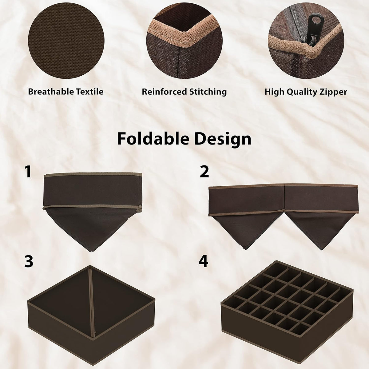 Simple Houseware 4-Pack Drawer Organizer Set - Closet Dividers for Underwear, Socks, Bras, Scarves, Ties - Foldable Non-Woven Storage Boxes, Brown