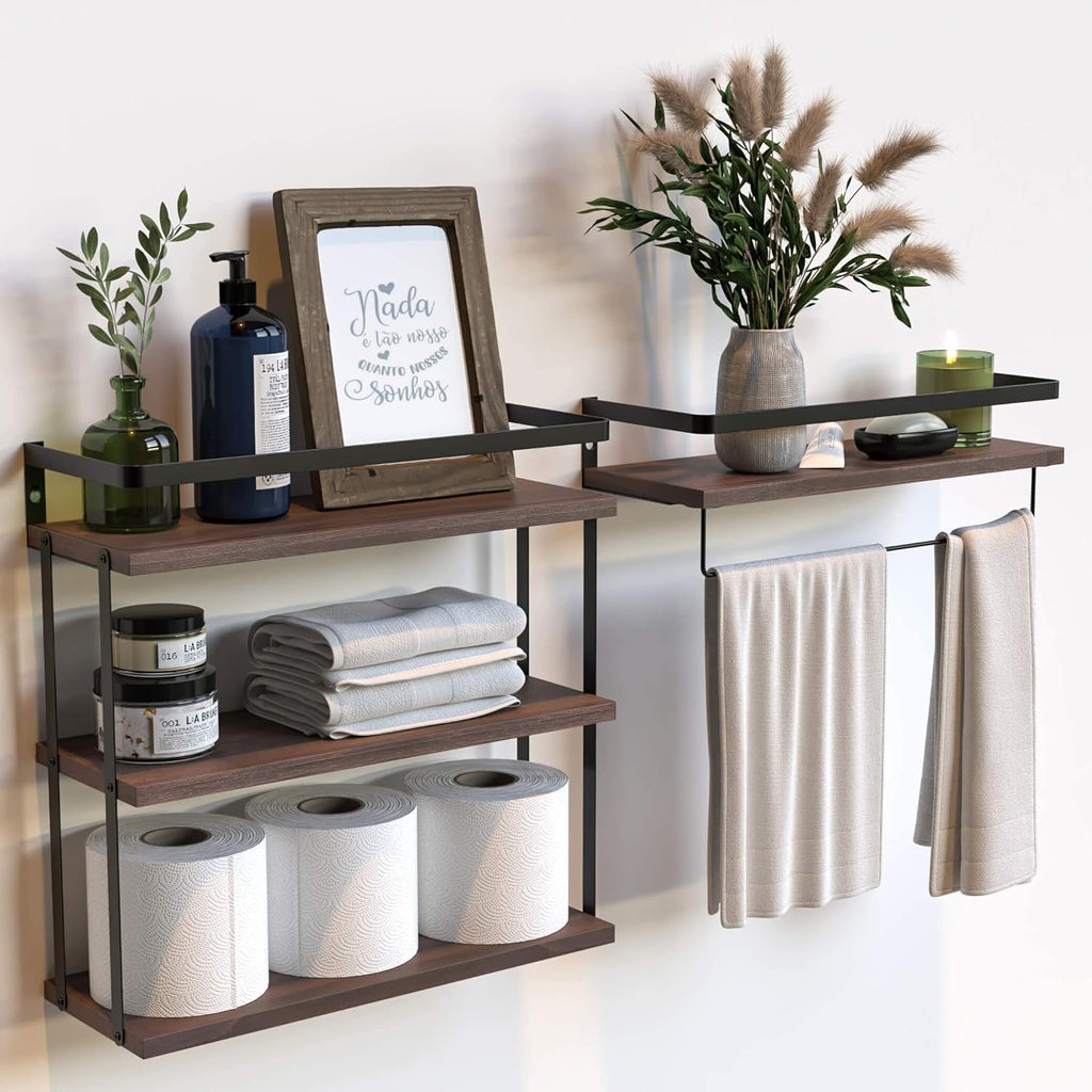 RICHER HOUSE 3+1 Tier Wall Mounted Floating Shelves Set of 2, Rustic Wood Wall Shelf with Metal Frame, Extra Storage Rack for Bathroom, Kitchen, Bedroom with Tissue Rack & Towel Bar - Rustic Brown