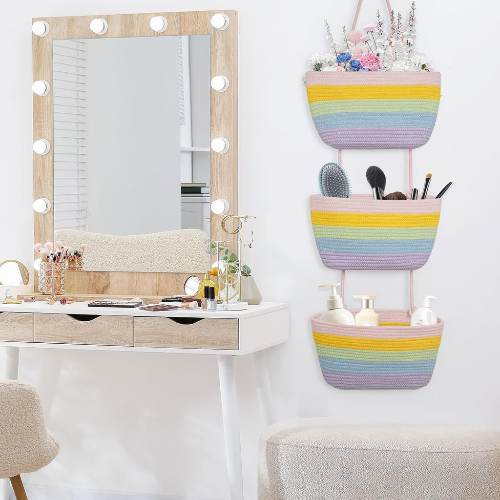 TeoKJ Over the Door Organizer, 3-Tier Woven Cotton Hanging Storage Baskets, Wall-Mounted Baskets for Nursery Organization, Rainbow