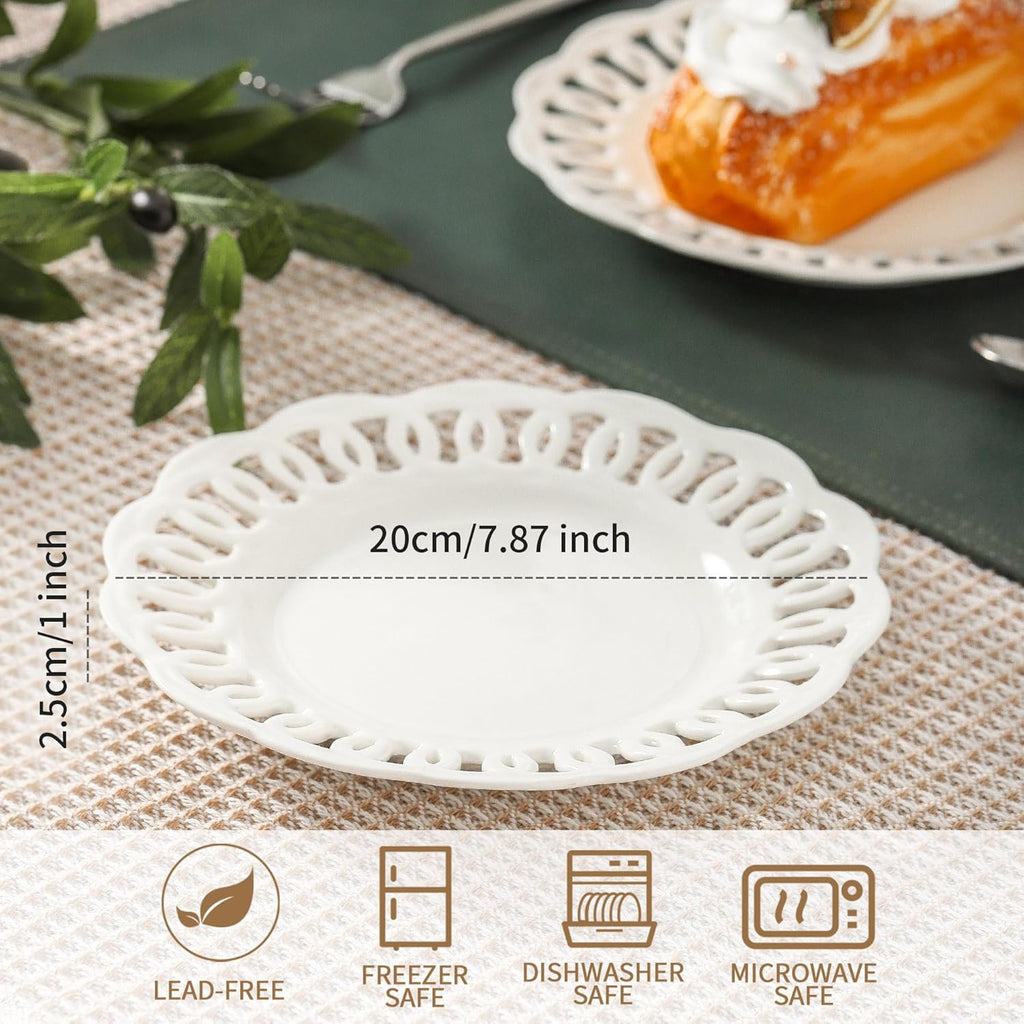 fMBB Round Appetizer Plate with Scalloped Edge Lace Rim, Set of 4, White 8 inch Ceramic Dessert Plates, Small for Cake Snack Side Dish, Microwave and Dishwasher Safe