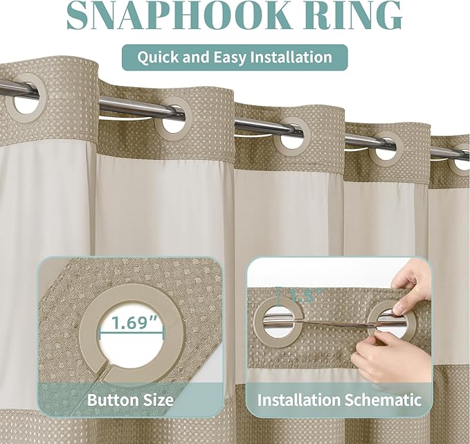 eachope Khaki No Hook Waffle Weave Shower Curtain with snap-in Liner Replacement, 230GSM Waterproof Fabric Hotel Shower Curtain Set for Bathroom, Through Mesh Top Window,71Wx74H