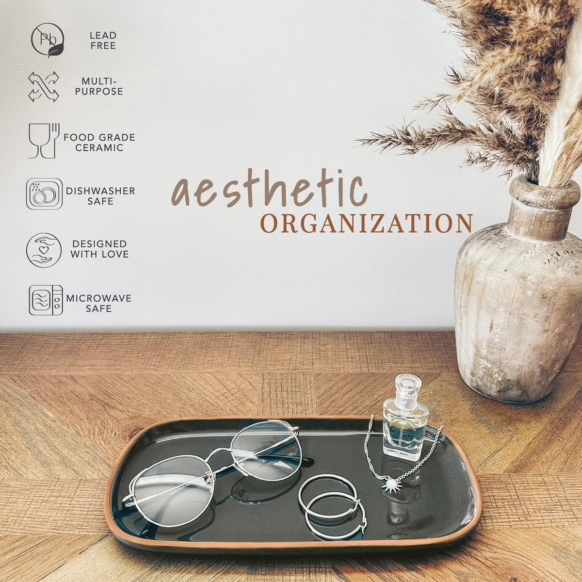 Mora Ceramic Decorative Tray - Rectangle 10in Dish for Jewelry, Soap Dispenser, Perfume, Makeup, Accessories, Candle, in The Bathroom Vanity, Bedside, or Kitchen Counter. Cute Organizers - Black