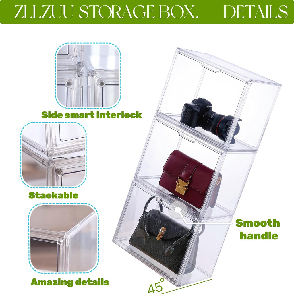 Purse Organizer for Closet, Clear Acrylic Display Case, Large Handbag Storage Organizer with Magnetic Door, 4 Pack Plastic Acrylic Boxes for Wallet, Cosmetic, Collectibles (X Large)