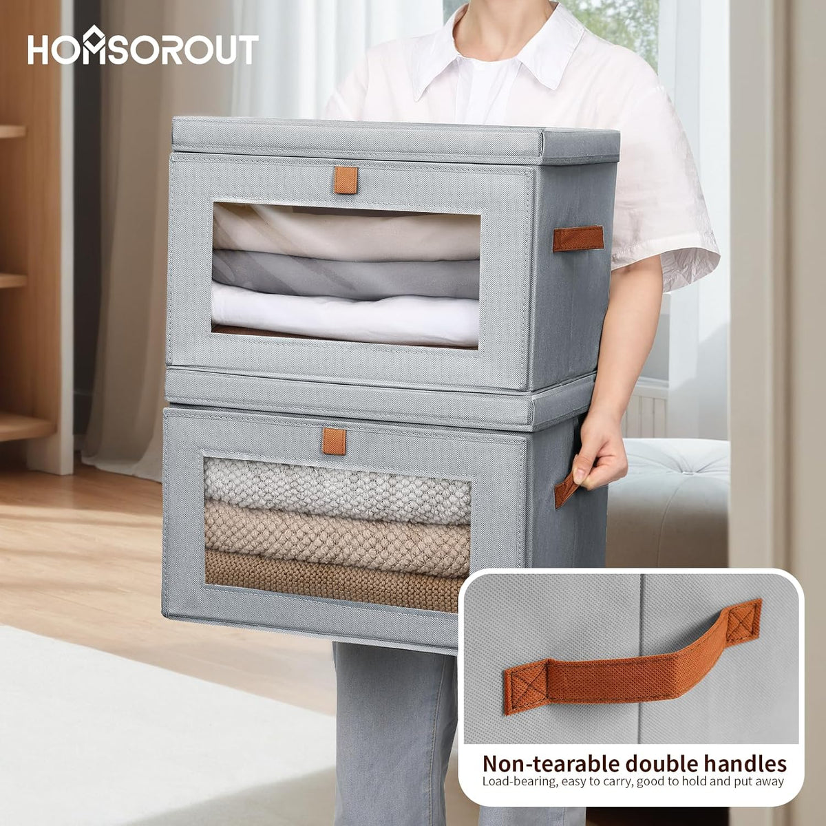 Large Closet Storage Bins - Collapsible Storage Bins with Handles & Window, Fabric Cube Organizer with Lids, Decorative Boxes for Living Room, Closet, Dorm, 4 Pack, Grey