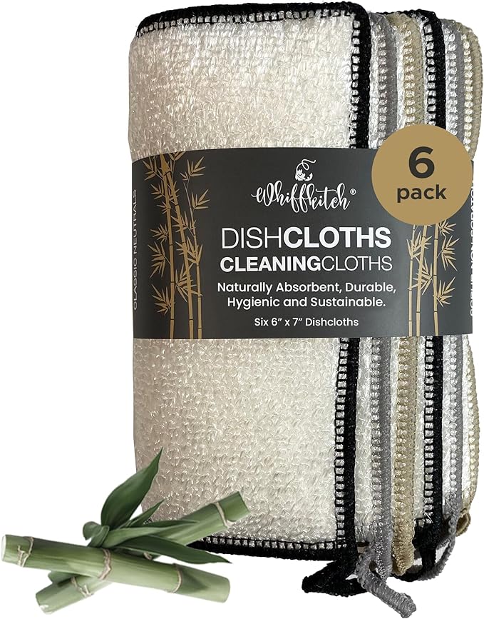 Whiffkitch Dishcloths Dishrags for Kitchen and Household Cleaning 6x7 6-Pack Non-Scratch 2-Ply Weave, Rayon Derived from Bamboo, Absorbent, Washable, Long-Lasting