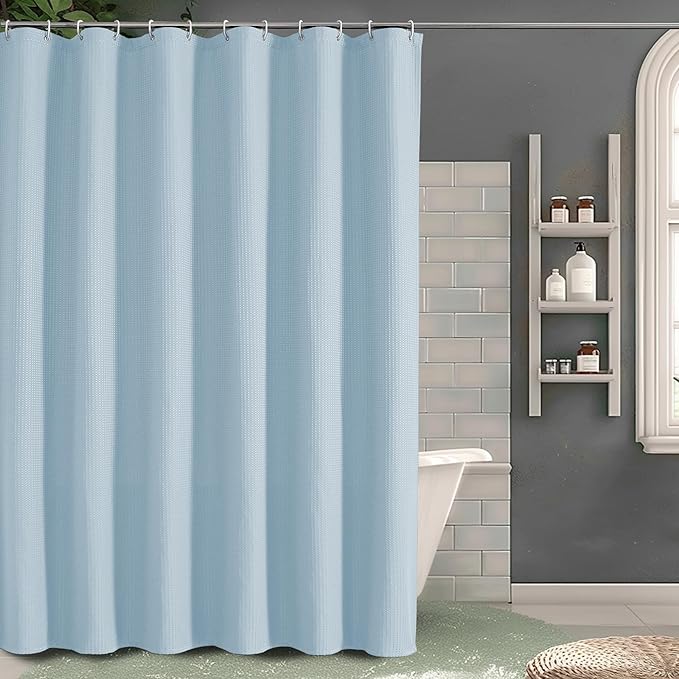OVZME Extra Long Shower Curtain Set - 84 Inch Long Waffle Weave Heavy Duty Cloth Shower Curtain for Bathroom, Luxury Weighted 230GSM Bath Curtain Set with 12 Plastic Hooks, 72Wx84L, Glacier Blue