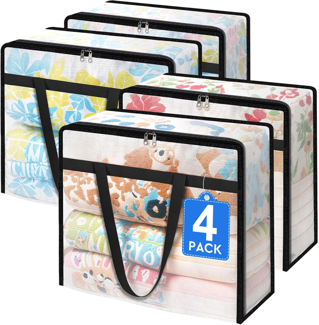 4 Pack Clear Storage Bags for Comforter, Clothes & Bedding, Plastic Blanket Storage with Zipper and Handle, Moving Bags, Closet Organizer and Under-Bed Storage (60L)