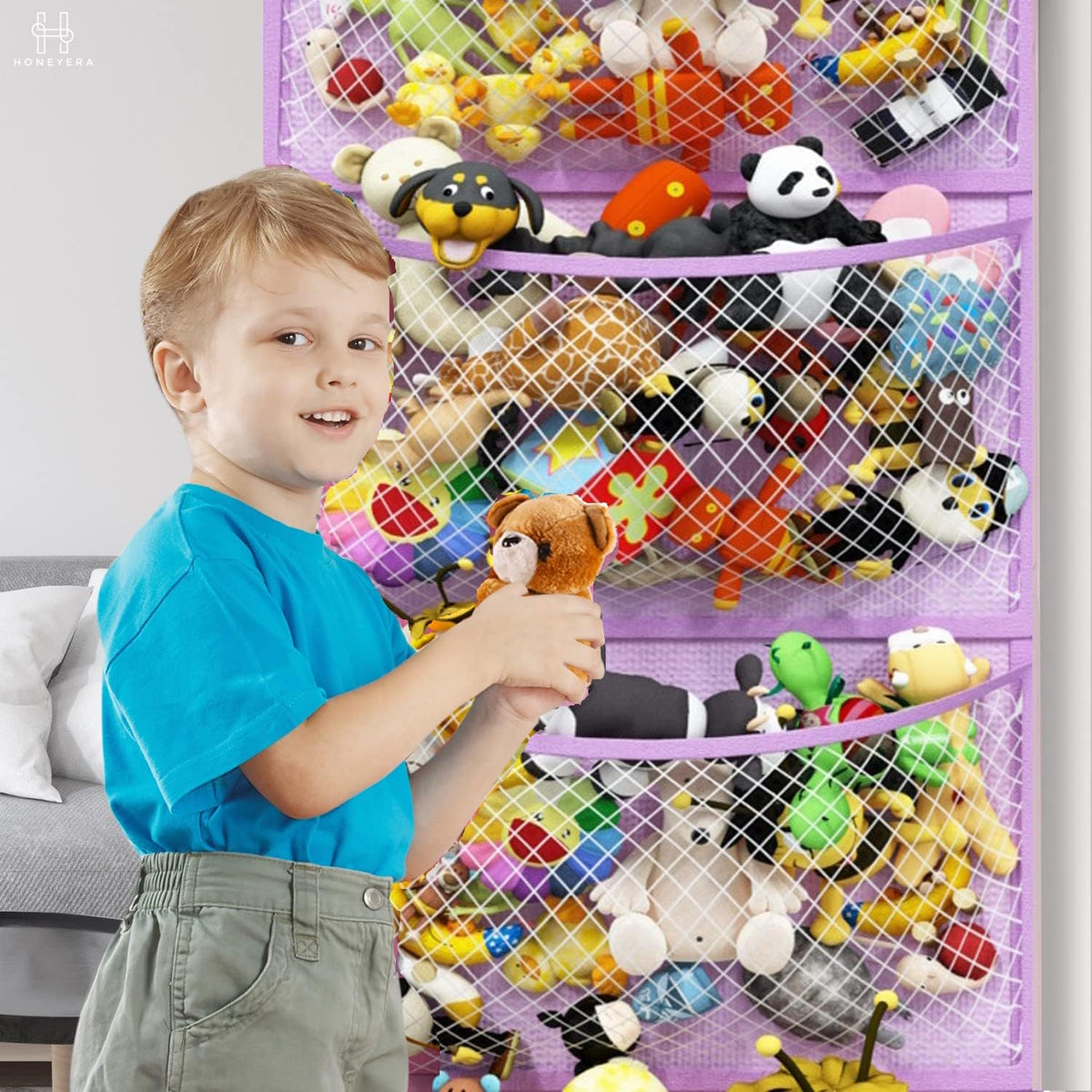 Honeyera Plush Storage (Patent Pending) - Plush Hammock Net Over Door Organizer for Stuffies, Baby Accessories, Toy/Hammock Hanging Storage Big Girls Toddler Large Bag Animals (Purple)