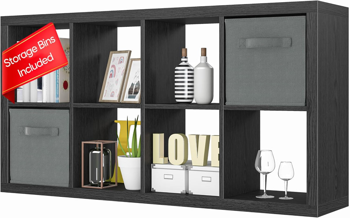 Bookshelf with Storage Bins, 8-Cube Storage Organizer, Modern Black Bookshelf for Bedroom, Multifunctional Display Cube Bookshelves for Living Room, Bedroom, Home Office