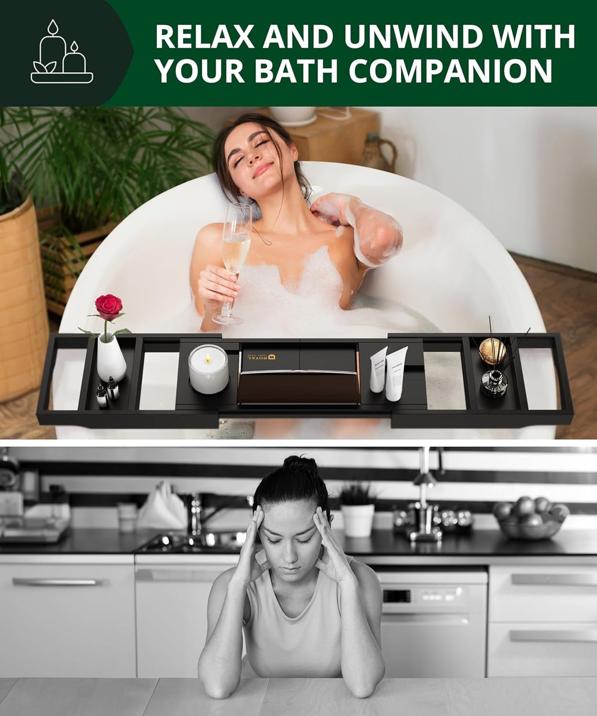 ROYAL CRAFT WOOD Premium Foldable Bathtub Tray - Wood Bath Tray for Tub, Bamboo Shelf, Expandable Bath Table Trays, Bathtub & Bathroom Accessories for New Home & Mothers Day & Birthday Gifts for Mom