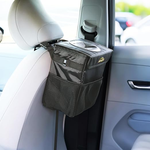 Armor All Car Trash Can & Organizer, 2.63 Gallon Waterproof Covered Garbage Bin, 3 Mesh Pockets, Collapsible for Easy Storage, Adjustable Strap & Hook for Backseat Hanging, 9.5” L x 6.25” D x 10.25” H