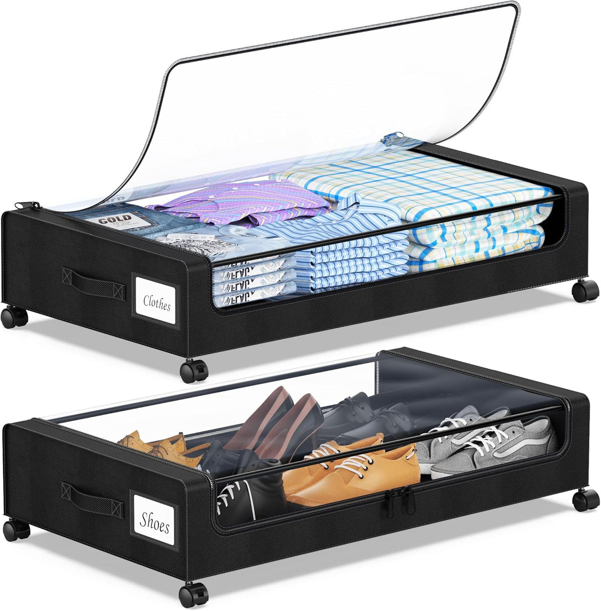 Under Bed Storage with Wheels, 2-Pack Under the Bed Storage Containers with Clear Lids & Label, Underbed Storage Bins, XXL 60L Rolling Metal Drawer for Clothes, Shoes, Toys, Books - Black