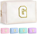 TOPEAST Travel Makeup Bag, Personalized Initial Toiletry Bag w Zipper, Cute Makeup Pouch, PU Leather Waterproof Cosmetic Bag, Birthday Gift for Daughter, Preppy Things for Girls (White G)