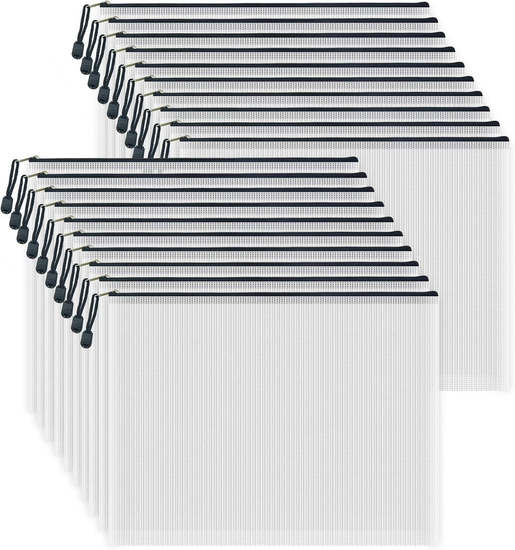 AUSTARK 20 Pcs Zipper File Bags, Plastic Mesh Pouch, Board Game Storage, Waterproof Bags for Office School (B4 Size 15''x11'', White and Black)