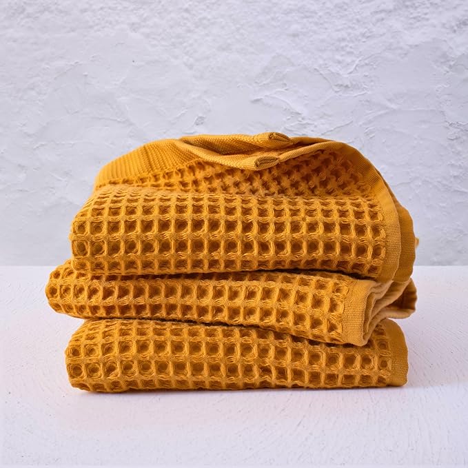 PÜSKÜL Organic Waffle Kitchen Towel 100% Turkish Cotton Set of 3 Mustard Yellow - Premium Quality, Soft, Quick-Dry, Absorbent, Lint-Free Hand Towels 32X16 Inches (3, Mustrad Yellow)