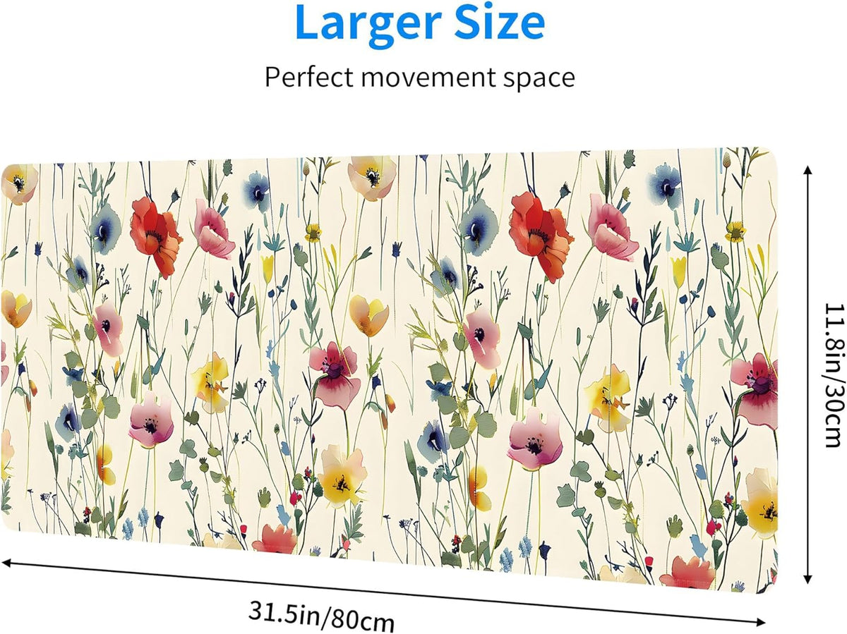 Wild Flowers Large Mouse Pad,Gaming Keyboard Desk Pad,Extended Mouse Mat Non-Slip Rubber Base with Stitched Edges for Office Game Home XL 31.5"x11.8"