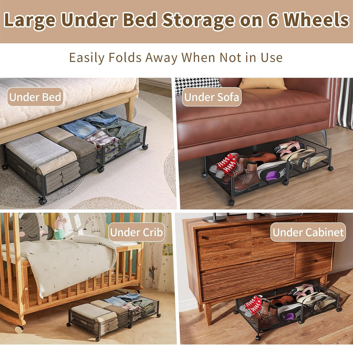 Under Bed Storage on Wheels, Upgraded 31.5 inch Large Rolling Under Bed Storage, Metal Foldable Underbed Drawers Organizer Tool-free Assembly Underbed Shoes Clothes Organize