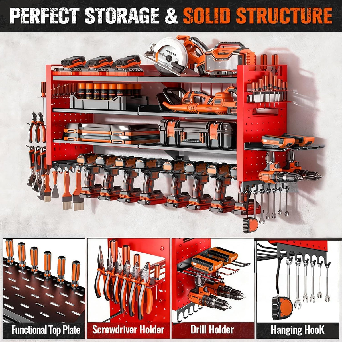 33" W Power Tool Organizer Wall Mount,4-Layer Heavy Duty Tool Storage with 10 Cordless Drill Holder,300 lb Capacity Garage Organization for Garage and Workshop,Red