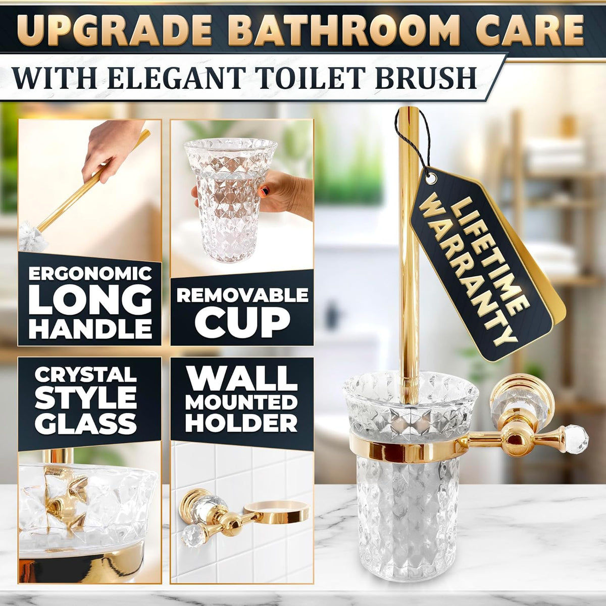 Gold Stainless Steel Toilet Brush with Crystal Toilet Brush Holder Set – Wall Mounted Holder, Replaceable Head, Decorative Space-Saving Design Bathroom Toilet Accessory Elegant Toilet Bowl Cleaner Set