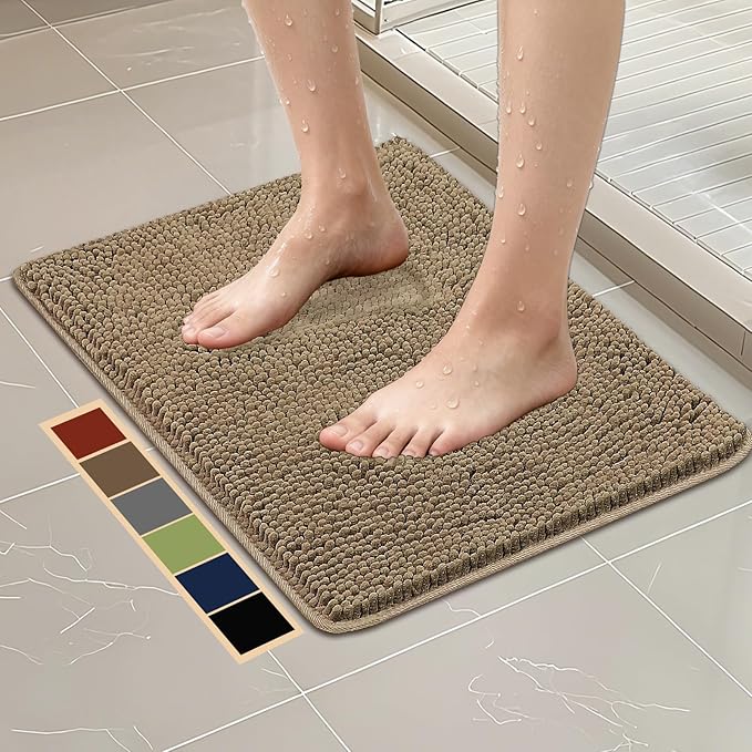 Bcoimo 24"×17" Absorbent Bath Mat, Non-Slip with Backing Chenille Bath Rug and Machine Washable Bathroom Mat Quick-Dry Design. Ideal for Bathroom and Tub Areas
