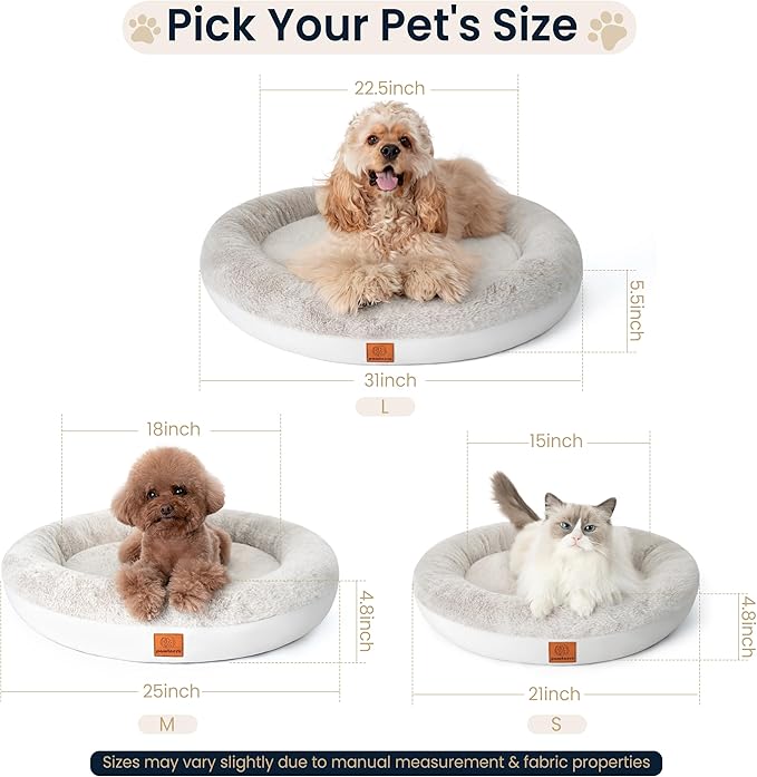 pawtnerz Round Donut Dog Bed – Luxury Orthopedic Dog Beds with Memory Foam – Calming Bolster Pet Bed, Water-Resistant, Washable Plush Cover, Premium Zipper – Small, Medium Dogs & Cats (25 Inches)