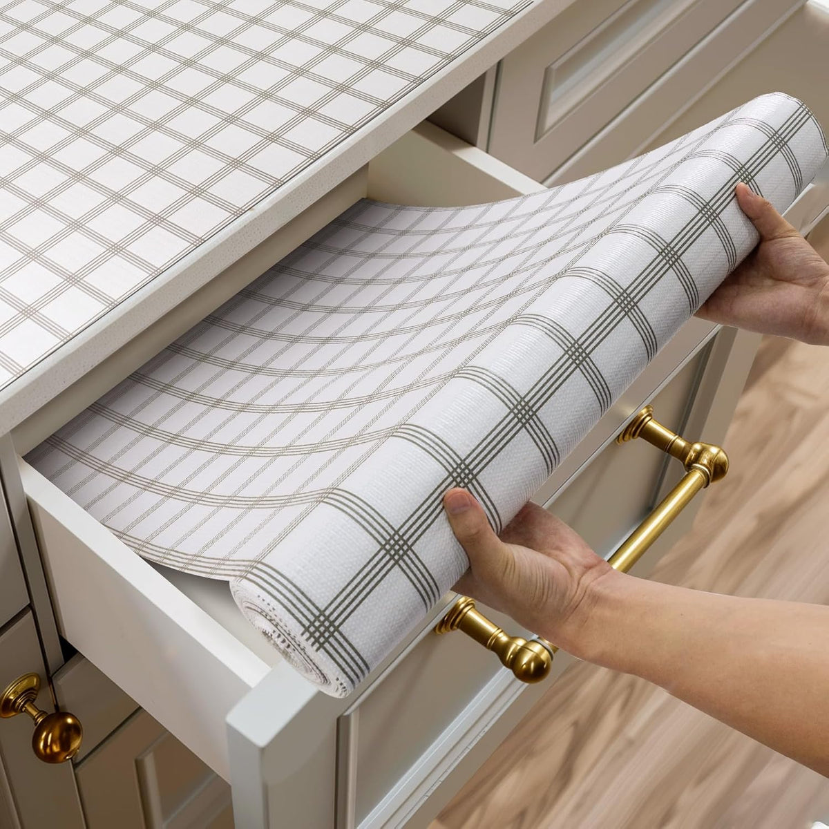 Shelf and Drawer Liner for Kitchen Cabinets Non-Adhesive, Strong Grip Non-Slip Thickened Cabinet Liners for Shelves, Waterproof Mats for Dresser Cupboard, White Square, 17 in x 20 Feet