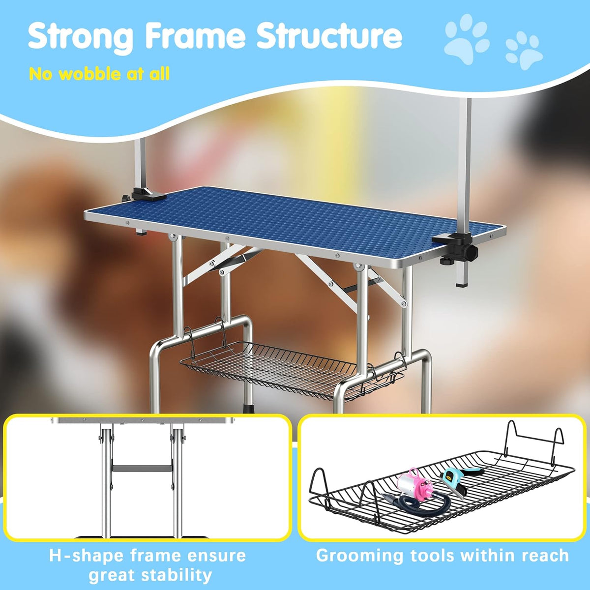 Lyromix 46''Large Dog Grooming Table, Adjustable Cat Drying Desktop with Arms, Nooses, Mesh Tray, Foldable Pet Station at Home, Maximum Capacity Up to 330Lb, 46inch, Blue
