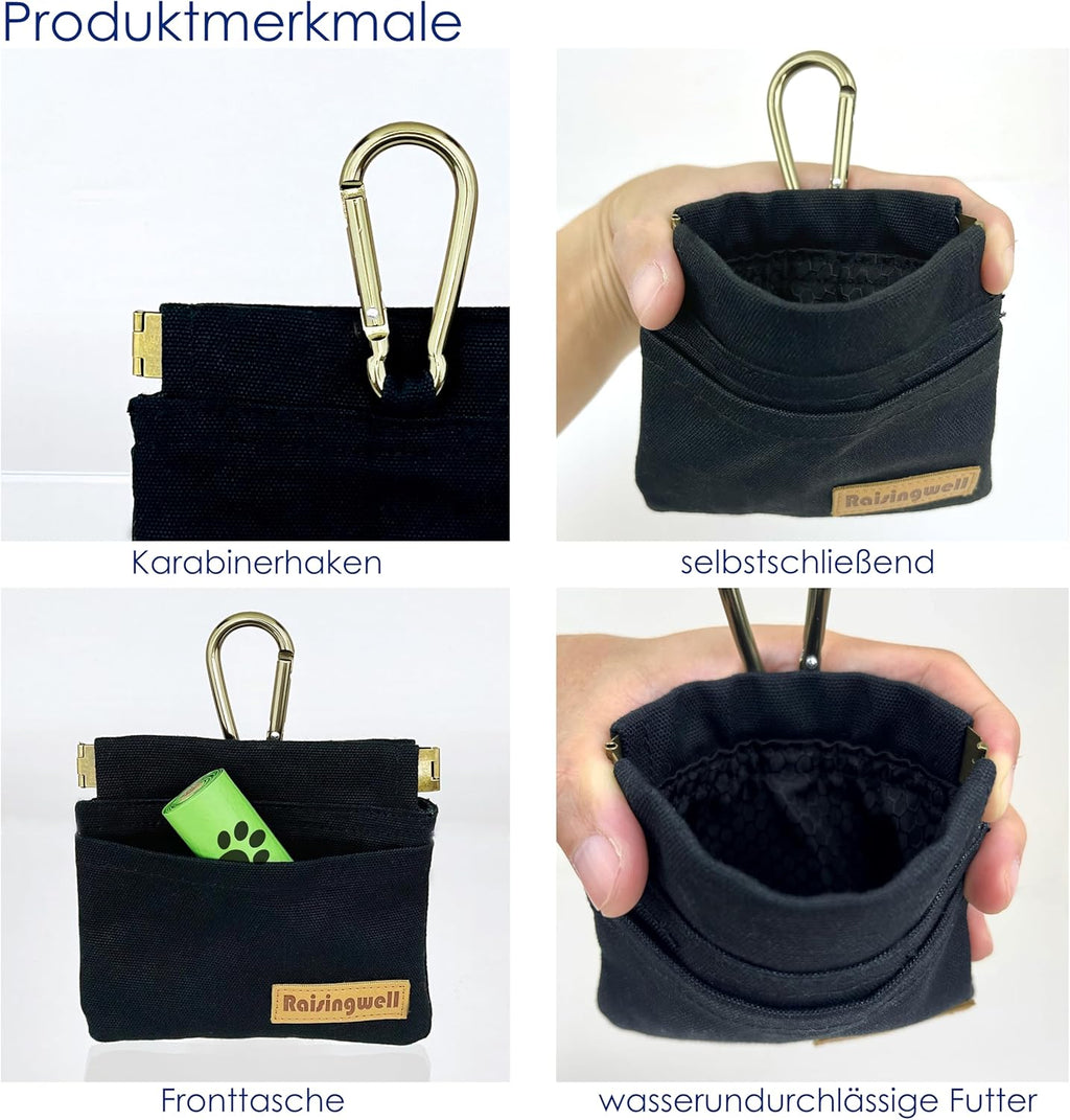 Dog Treat Pouch, Black Pocket Sized Pet Training Pouch, Cotton Fabric, Hand Free Dog Walking Bag with Carabiner, Self-Closing Pet Feed Snack Reward, for Pet Puppy Travel or Outdoor Use