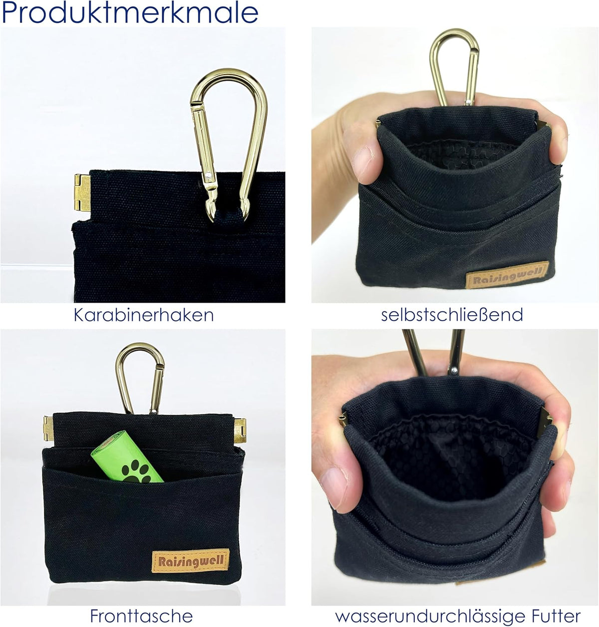 Dog Treat Pouch, Black Pocket Sized Pet Training Pouch, Cotton Fabric, Hand Free Dog Walking Bag with Carabiner, Self-Closing Pet Feed Snack Reward, for Pet Puppy Travel or Outdoor Use