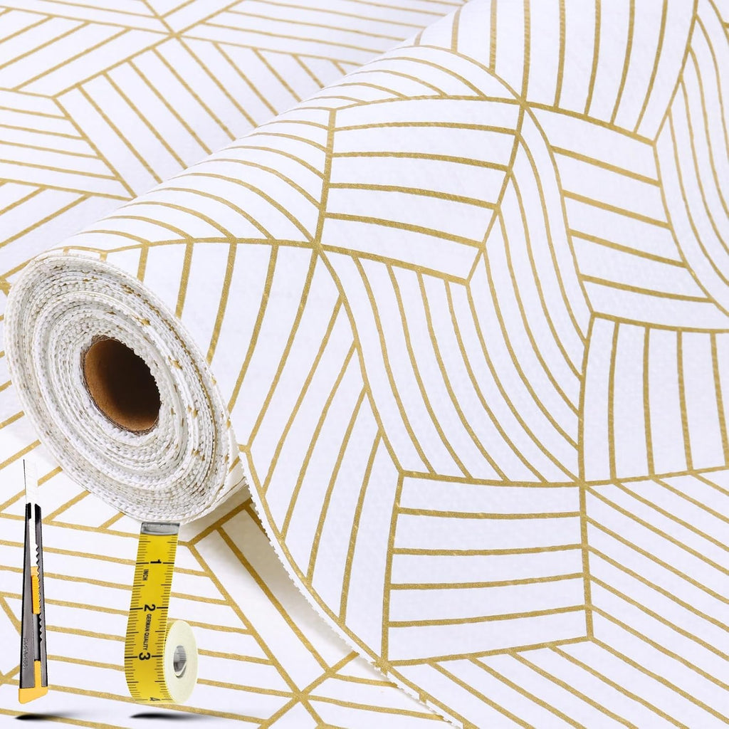 Gold and White Shelf Liners for Kitchen Cabinets Non Adhesive Cabinet Liner Strong Non-Slip Thickened Easy to Clean for Shelf Cabinet with Knife and Tape Measure
