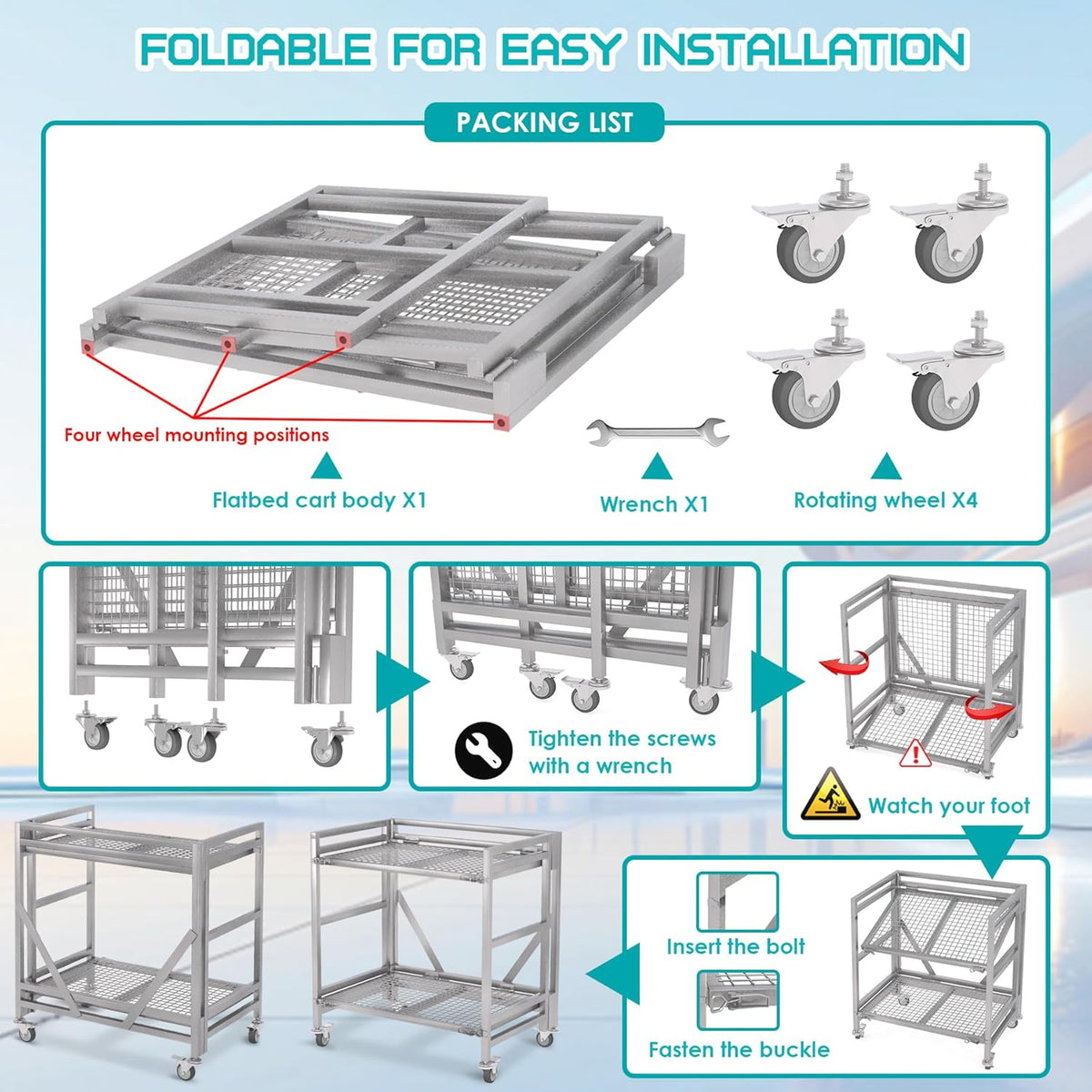 2 Shelf Rolling Cart with Wheels, 660lbs Capacity Collapsible Steel Rolling Utility Cart, Heavy-Duty Foldable Hand Truck, Metal Storage Carts with Handle for Groceries, Warehouse (36" Lx26 W)